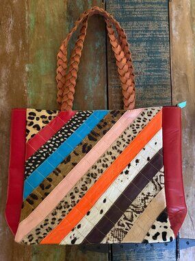 Folklore Couture Handmade Leather/Hide Braided Handle Tote Bag / Laptop Bag